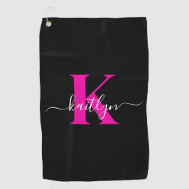 Elegant zwart Hot Pink Script Monogram Golfhanddoek