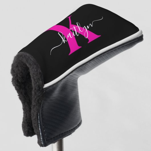 Elegant zwart Hot Pink Script Monogram Golfheadcover (3/4 voorkant)