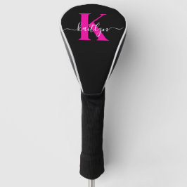 Elegant zwart Hot Pink Script Monogram Golfheadcover