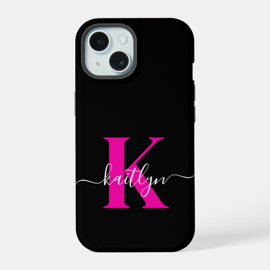 Elegant zwart Hot Pink Script Monogram iPhone 15 Case (Achterkant)