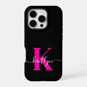 Elegant zwart Hot Pink Script Monogram iPhone 16 Pro Hoesje