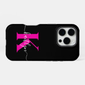 Elegant zwart Hot Pink Script Monogram iPhone Hoesje (Achterkant horizontaal)