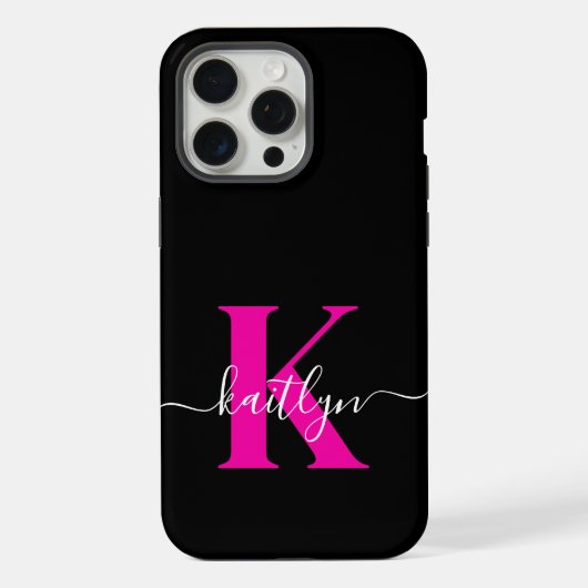 Elegant zwart Hot Pink Script Monogram iPhone Hoesje (Achterkant)