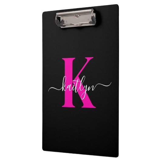 Elegant zwart Hot Pink Script Monogram Klembord (Links)