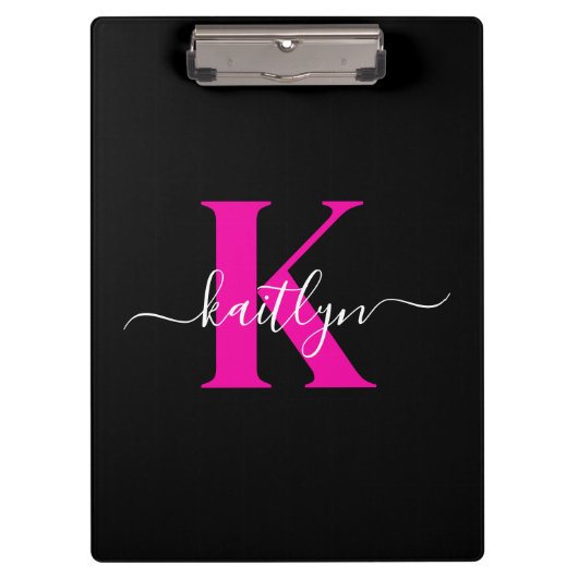 Elegant zwart Hot Pink Script Monogram Klembord (Voorkant)