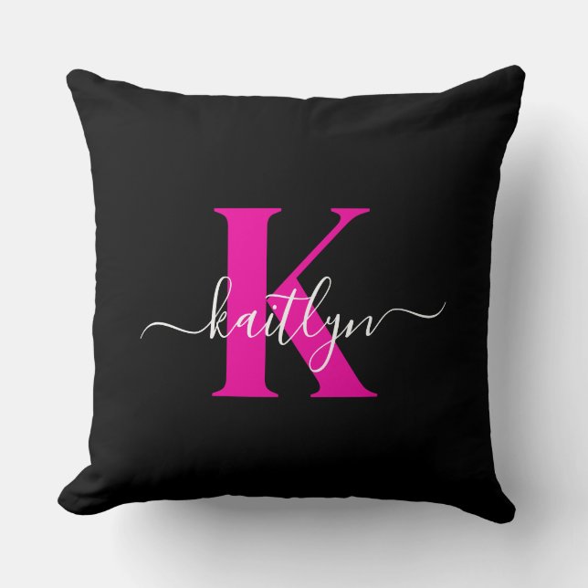Elegant zwart Hot Pink Script Monogram Kussen (Voorkant)