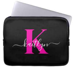 Elegant zwart Hot Pink Script Monogram Laptop Sleeve