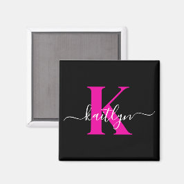 Elegant zwart Hot Pink Script Monogram Magneet