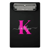 Elegant zwart Hot Pink Script Monogram Mini Klembord (Voorkant)