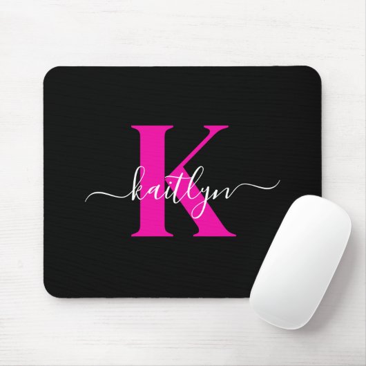 Elegant zwart Hot Pink Script Monogram Muismat (Met muis)