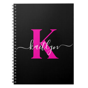 Elegant zwart Hot Pink Script Monogram Notitieboek