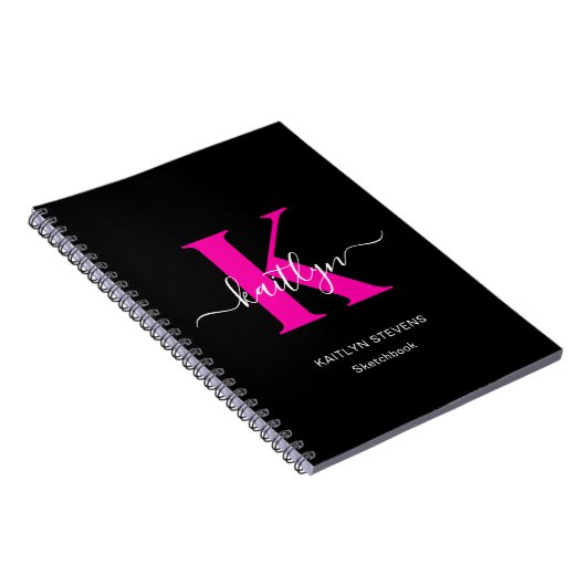 Elegant zwart Hot Pink Script Monogram Notitieboek (Rechterzijde)