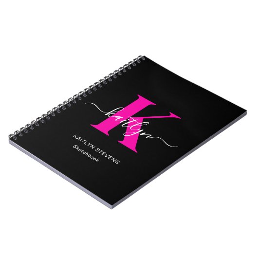 Elegant zwart Hot Pink Script Monogram Notitieboek (Linkerzijde)