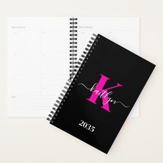 Elegant zwart Hot Pink Script Monogram Planner (Display)