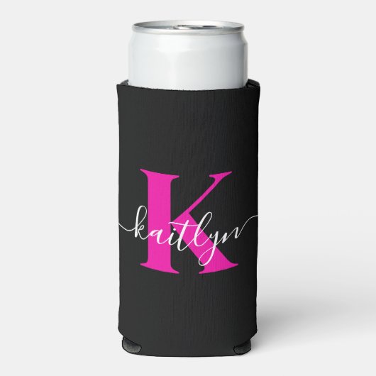 Elegant zwart Hot Pink Script Monogram Seltzer Blikjeskoeler (Seltzer Voorkant)