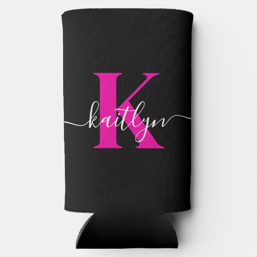 Elegant zwart Hot Pink Script Monogram Seltzer Blikjeskoeler (Achterkant)