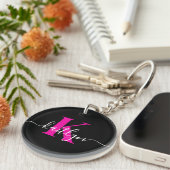Elegant zwart Hot Pink Script Monogram Sleutelhanger (Voorkant Rechts)