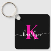 Elegant Zwart Hot Pink Script Monogram Sleutelhanger (Voorkant)