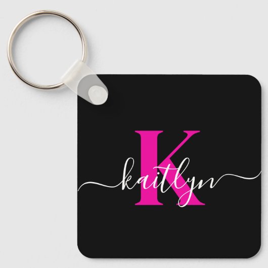 Elegant Zwart Hot Pink Script Monogram Sleutelhanger (Voorkant)