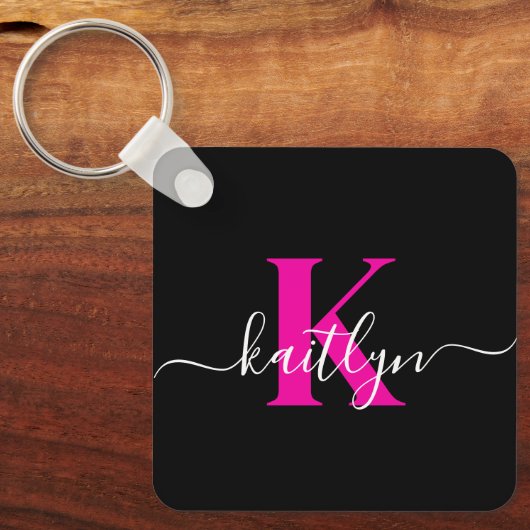 Elegant Zwart Hot Pink Script Monogram Sleutelhanger (Voorkant)