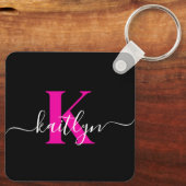 Elegant Zwart Hot Pink Script Monogram Sleutelhanger (Achterkant)