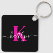 Elegant Zwart Hot Pink Script Monogram Sleutelhanger (Achterkant)