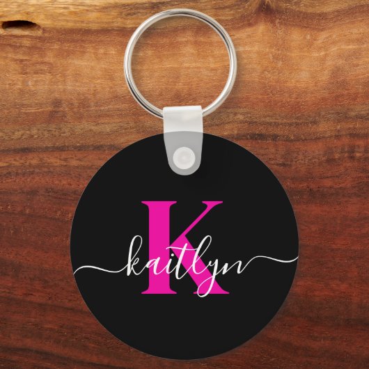 Elegant zwart Hot Pink Script Monogram Sleutelhanger (Voorkant)