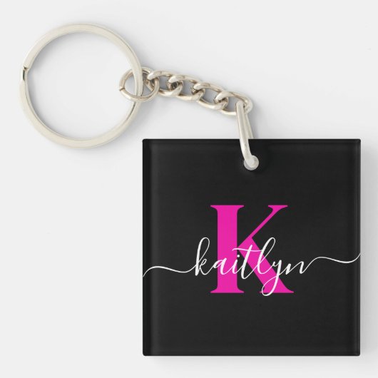 Elegant zwart hot pink script monogram sleutelhanger (Voorkant)