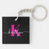 Elegant zwart hot pink script monogram sleutelhanger (Achterkant)