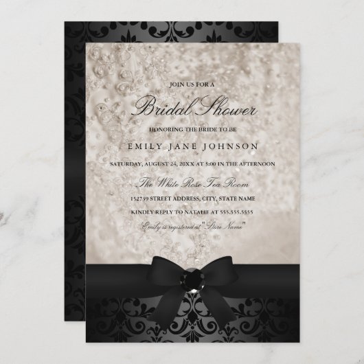 Elegant Zwart & Ivoor Bow Vrijgezellenfeest Uitnod Kaart (Voorkant / Achterkant)