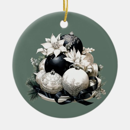 Elegant zwart ivoor salie groen Kerstornament Keramisch Ornament (Voorkant)