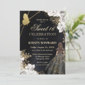 Elegant Zwart Jurk Brunette Vrouw Bloemen Zoet 16 Kaart (Staand voorkant)