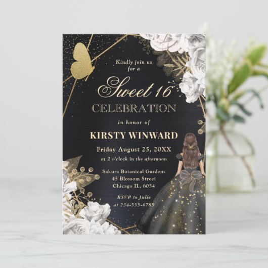 Elegant Zwart Jurk Brunette Vrouw Bloemen Zoet 16 Kaart (Staand voorkant)