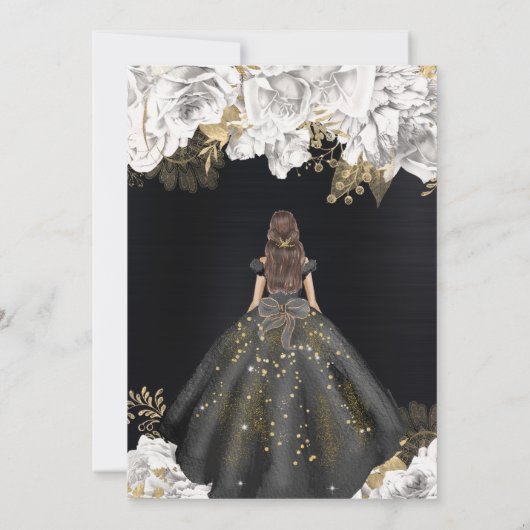 Elegant Zwart Jurk Brunette Vrouw Bloemen Zoet 16 Kaart (Achterkant)