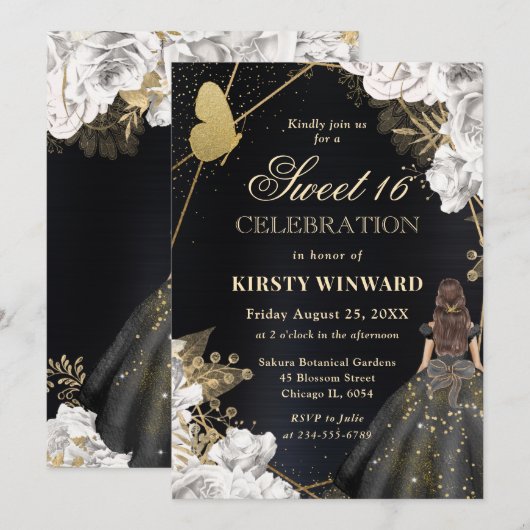 Elegant Zwart Jurk Brunette Vrouw Bloemen Zoet 16 Kaart (Voorkant / Achterkant)