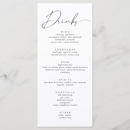 Elegant Zwart Kalligrafie Script Bruiloft Drinken Menu (Voorkant)