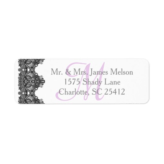 Elegant Zwart Kant Monogram Bruiloft Suite Etiket (Voorkant)