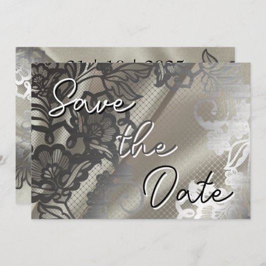 Elegant Zwart Kant  Save The Date (Voorkant / Achterkant)