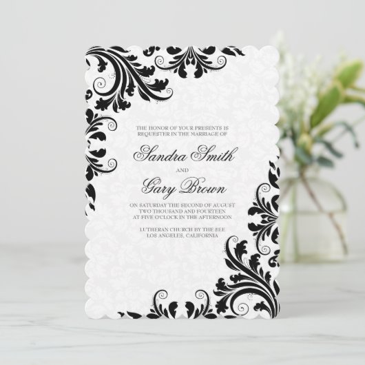 Elegant Zwart Kant Wit Damasks Bruiloft Kaart (Staand voorkant)
