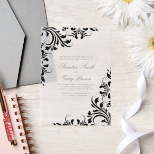 Elegant Zwart Kant Wit Damasks Bruiloft Vellum Uitnodigingen