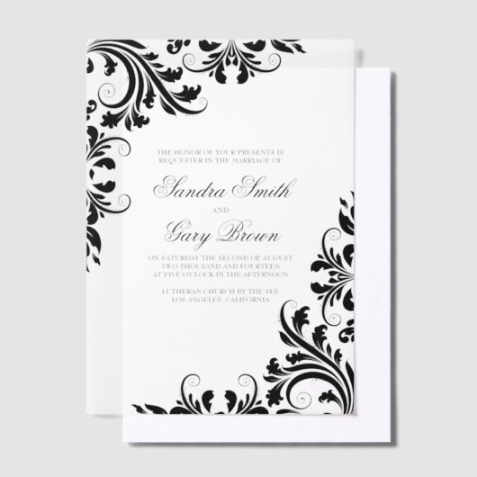 Elegant Zwart Kant Wit Damasks Bruiloft Vellum Uitnodigingen (Offset)