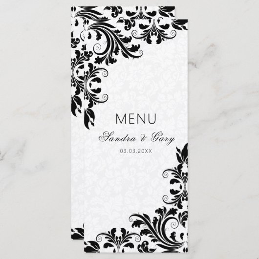 Elegant Zwart Kant Wit Damasks Menu (Voorkant / Achterkant)