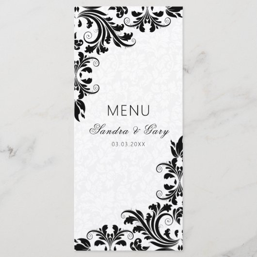 Elegant Zwart Kant Wit Damasks Menu (Voorkant)
