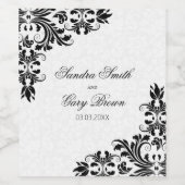 Elegant Zwart Kant Wit Damasks Wijn Etiket (Enkel label)