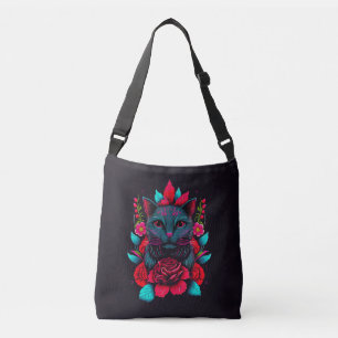 Elegant zwart kat Omringd door rode rozen Crossbody Tas