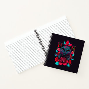 Elegant zwart kat Omringd door rode rozen Notitieboek
