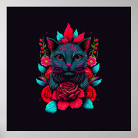 Elegant zwart kat Omringd door rode rozen | POSTER