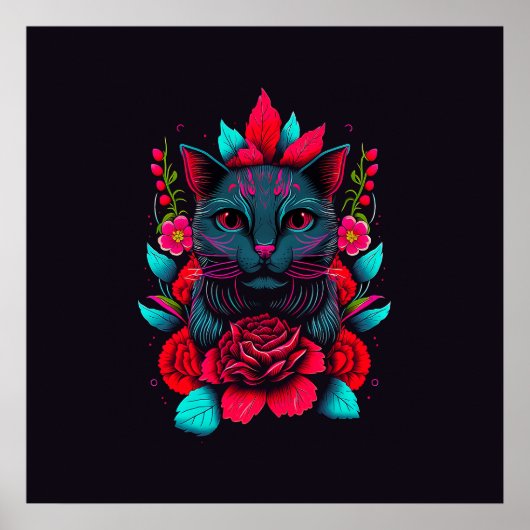 Elegant zwart kat Omringd door rode rozen | POSTER (Voorkant)