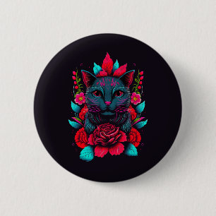 Elegant zwart kat Omringd door rode rozen   Ronde Button 5,7 Cm
