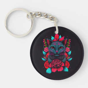 Elegant zwart kat Omringd door rode rozen   Sleutelhanger